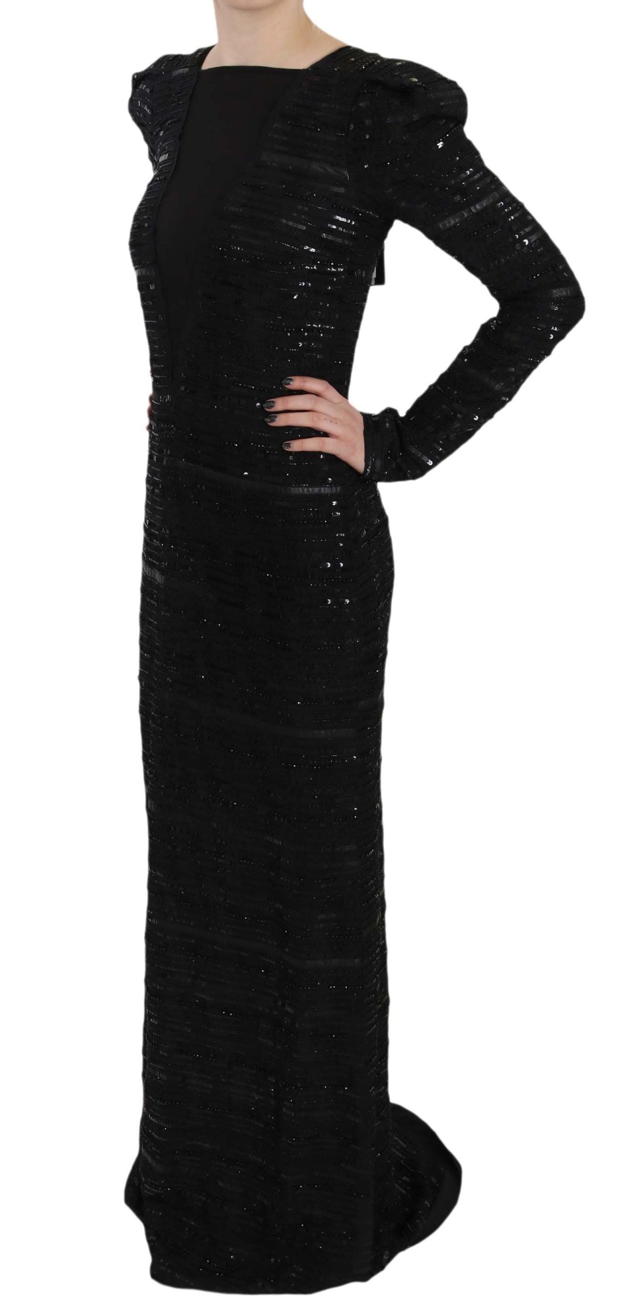 John Richmond Black Silk Sheath Maxi Dress with Sequins