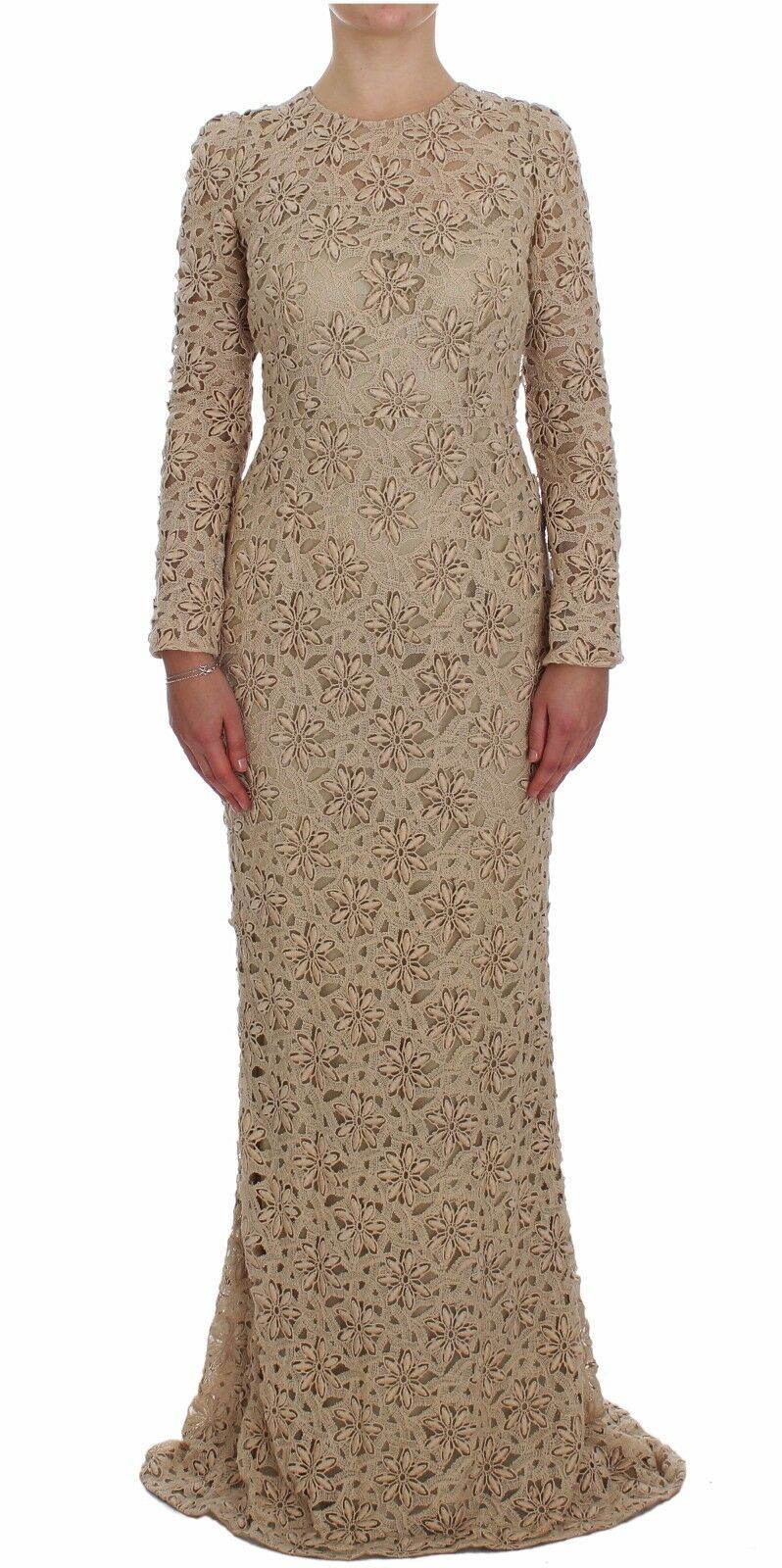 Dolce & Gabbana Beige Floral Lace Long Sleeve Maxi Dress