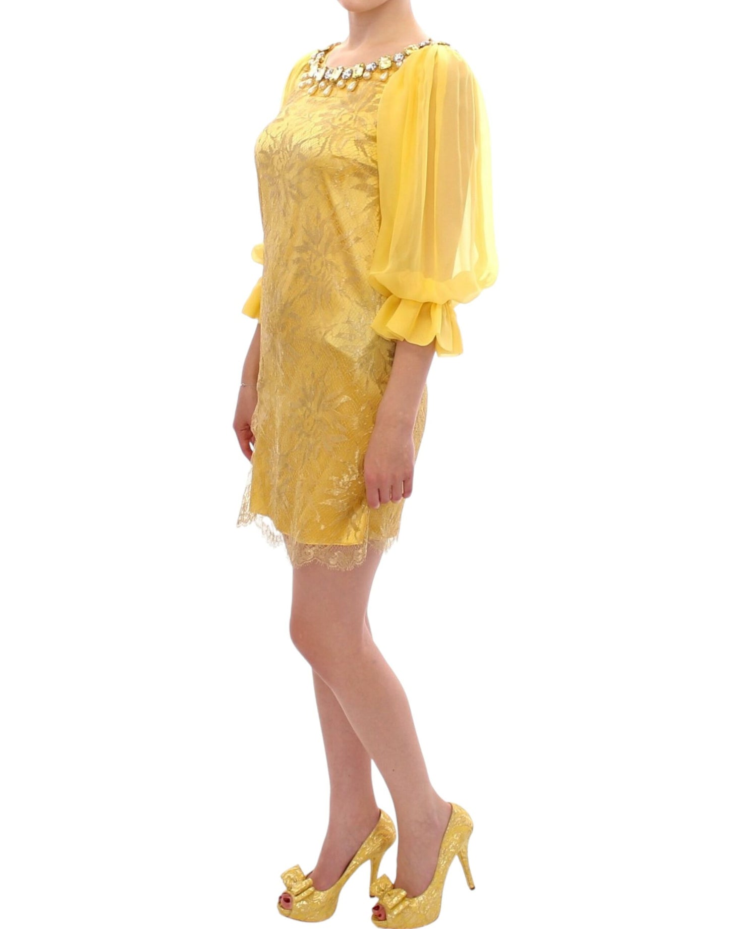 Dolce & Gabbana Yellow Lace Crystal Embellished Mini Dress