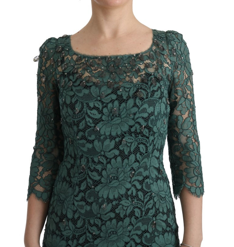 Dolce & Gabbana Elegant Green Crystal Embellished Sheath Dress